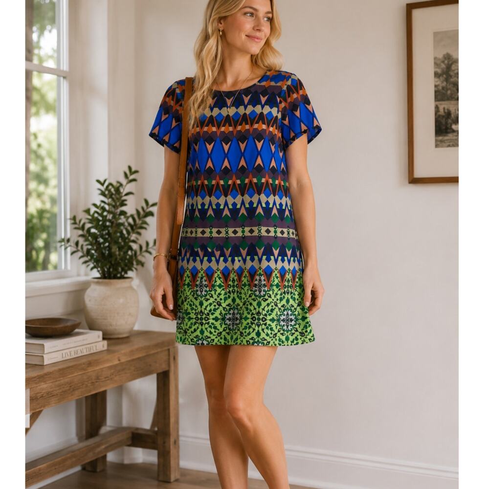 J Crew Dress Womens 0 Green Blue Silk Mini Sheath Geometric Lined Zip Preppy